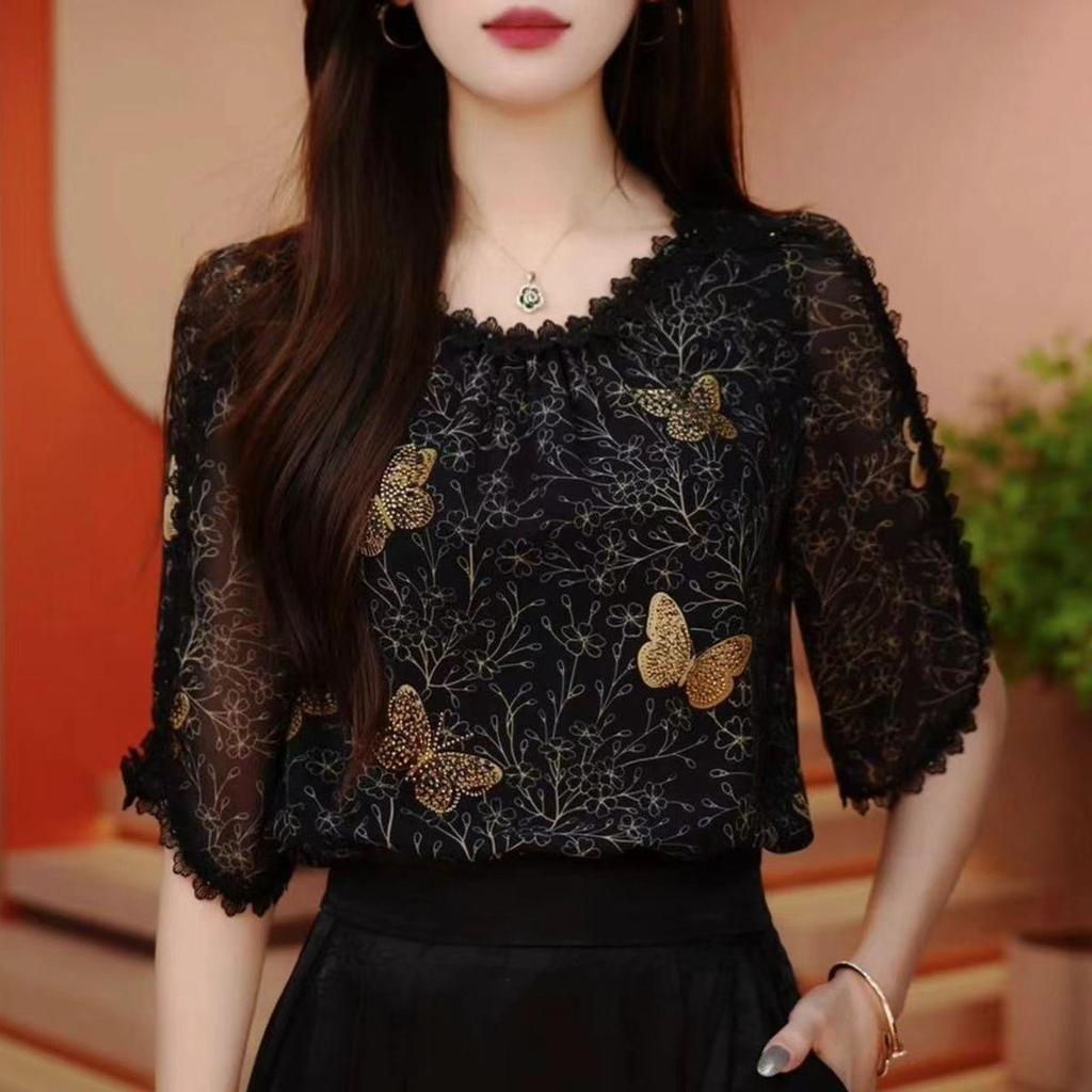 Bluză de vară pentru femei mărimi mari, lejeră, cu imprimeu floral, gât rotund, din șifon, tricou floral cu mânecă scurtă
