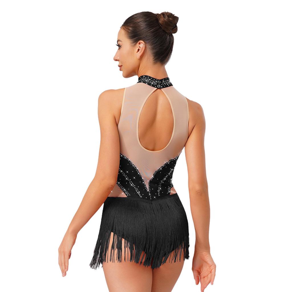 Damen Latein Eiskunstlauf Trikot Ärmellos Schlüssellochdesign am Rücken Quastenfransen Taille Glitzernder Body