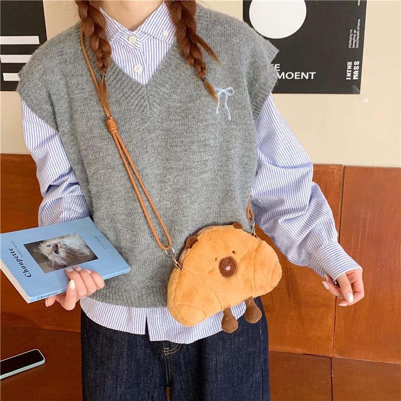 Croissant Capybara Plush Crossbody Bag Cartoon Kawaii Bread Capibara Soft Large Capacity Shoulder Bag Woman Bag Birthday Gift