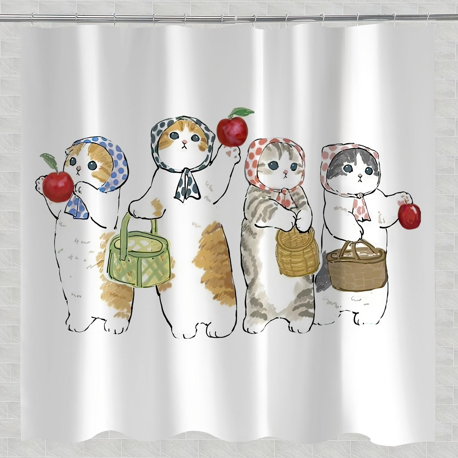 

Cat Illustration Curtain - Fruit Basket Theme, Water-Resistant, Polyester, Includes Hooks, All-Season W60H190(CM)-1 Pcs