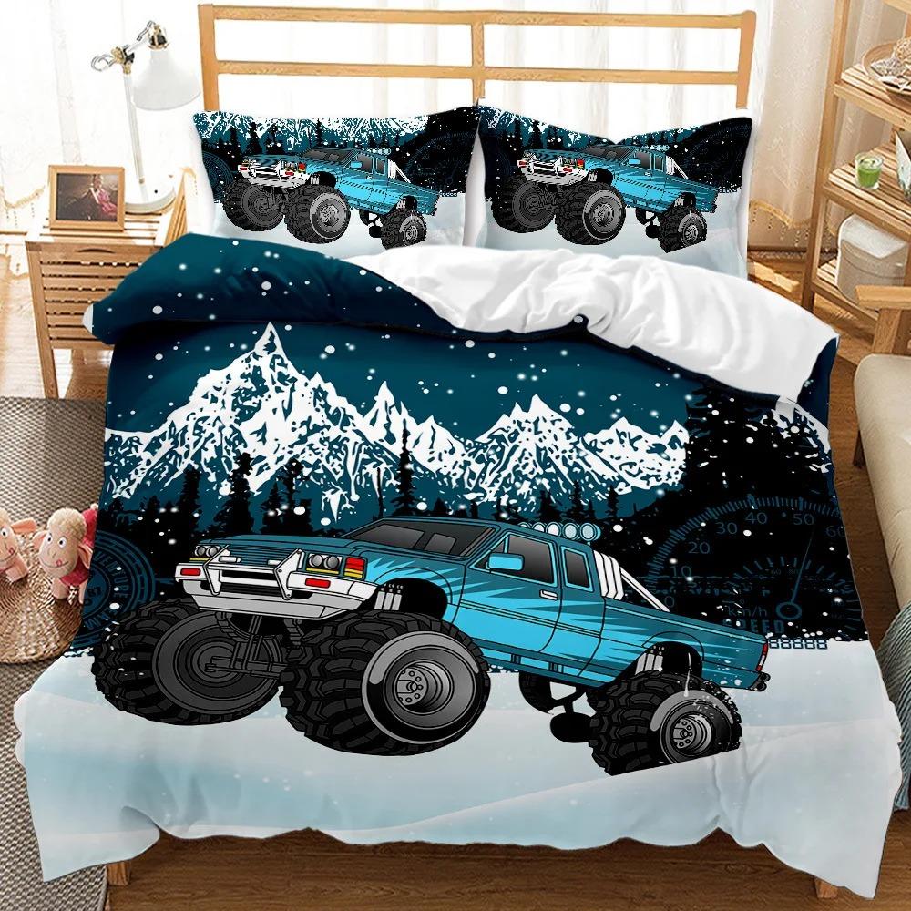 Truck Duvet Cover Set Automobile Blue Monster Pickup Truck Off Road Vehicle Bedding Set For Boys King Size Quilt Cover