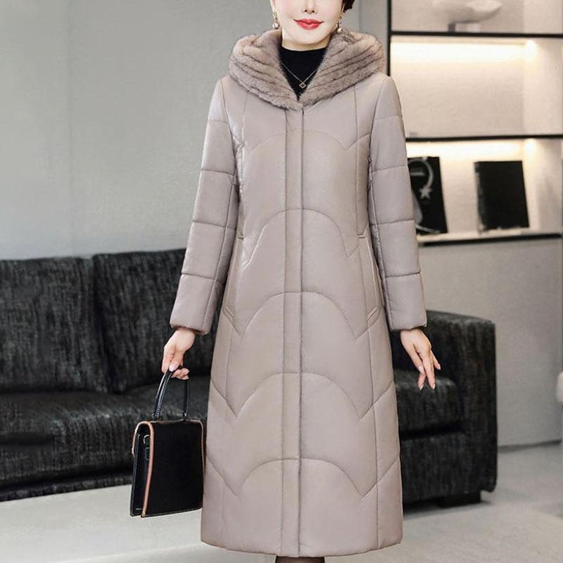 Winter Genuine Leather Jacket  Windproof Long Sheepskin Coat Slim Hooded Alpaca Overcoat