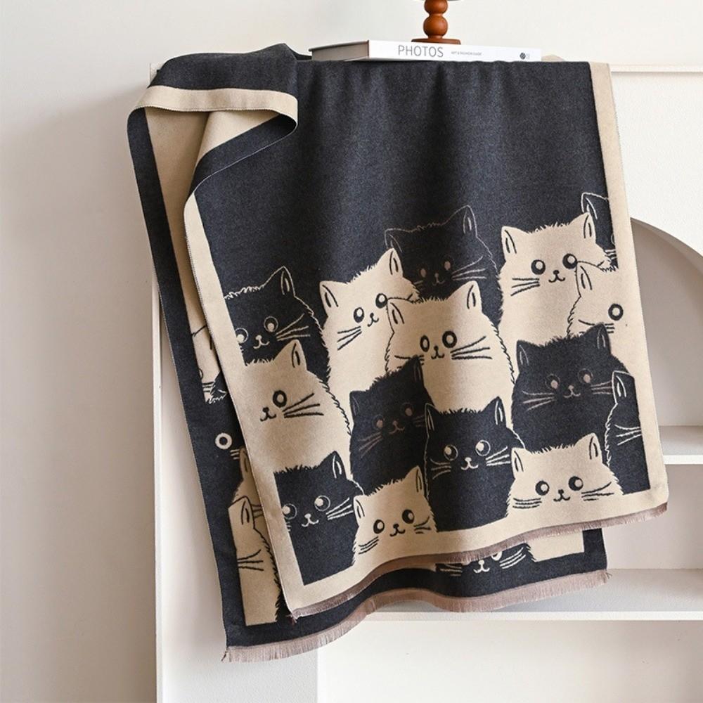 Double Sided Warm Blanket Scarf Large Size Winter Shawl Cat Print Cashmere Scarf  Daily Wear