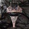 European & American Cross-Border Women's Sexy Bra Set with Card Pattern Embroidery, Transparent Lace, and Underwire Push-Up Design.