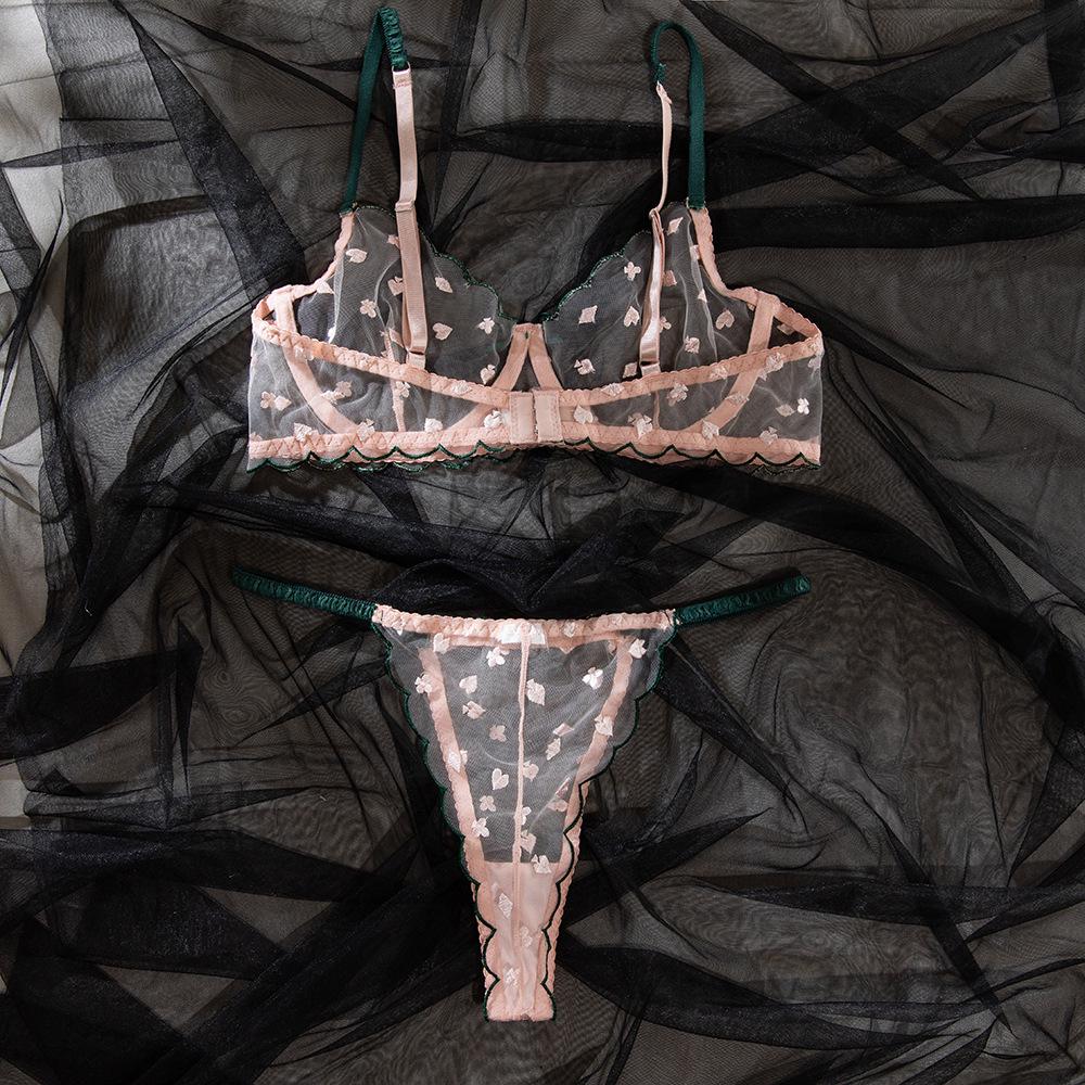European & American Cross-Border Women's Sexy Bra Set with Card Pattern Embroidery, Transparent Lace, and Underwire Push-Up Design.