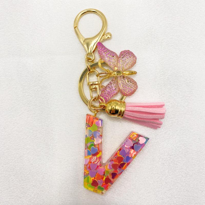 26-Letter Alphabet Resin Keychain with Star Sequins & Tassel Charm