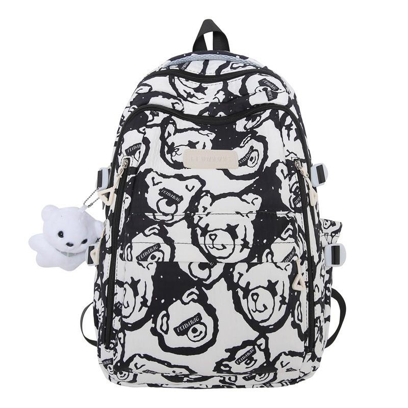2024 New Backpack Bear Printed Schoolbag Female Junior High School Students Niche All-matching Computer Bag