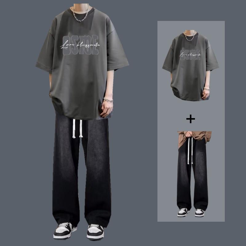 Men's Short-Sleeve T-Shirt and Jeans Set: Trendy Summer Casual Two-Piece Outfit