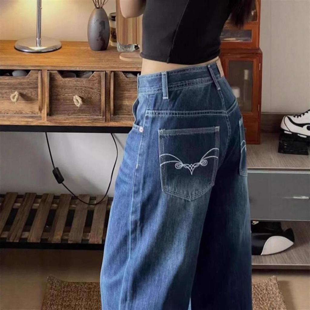 Women's High Waist Embroidered Blue Loose Jeans - Summer 2025 Retro Thin Floor-Length Straight Leg