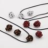 Retro Style Rose Flower Necklace PU Leather Flower Stud Earrings Adjustable Rope Choker  Women