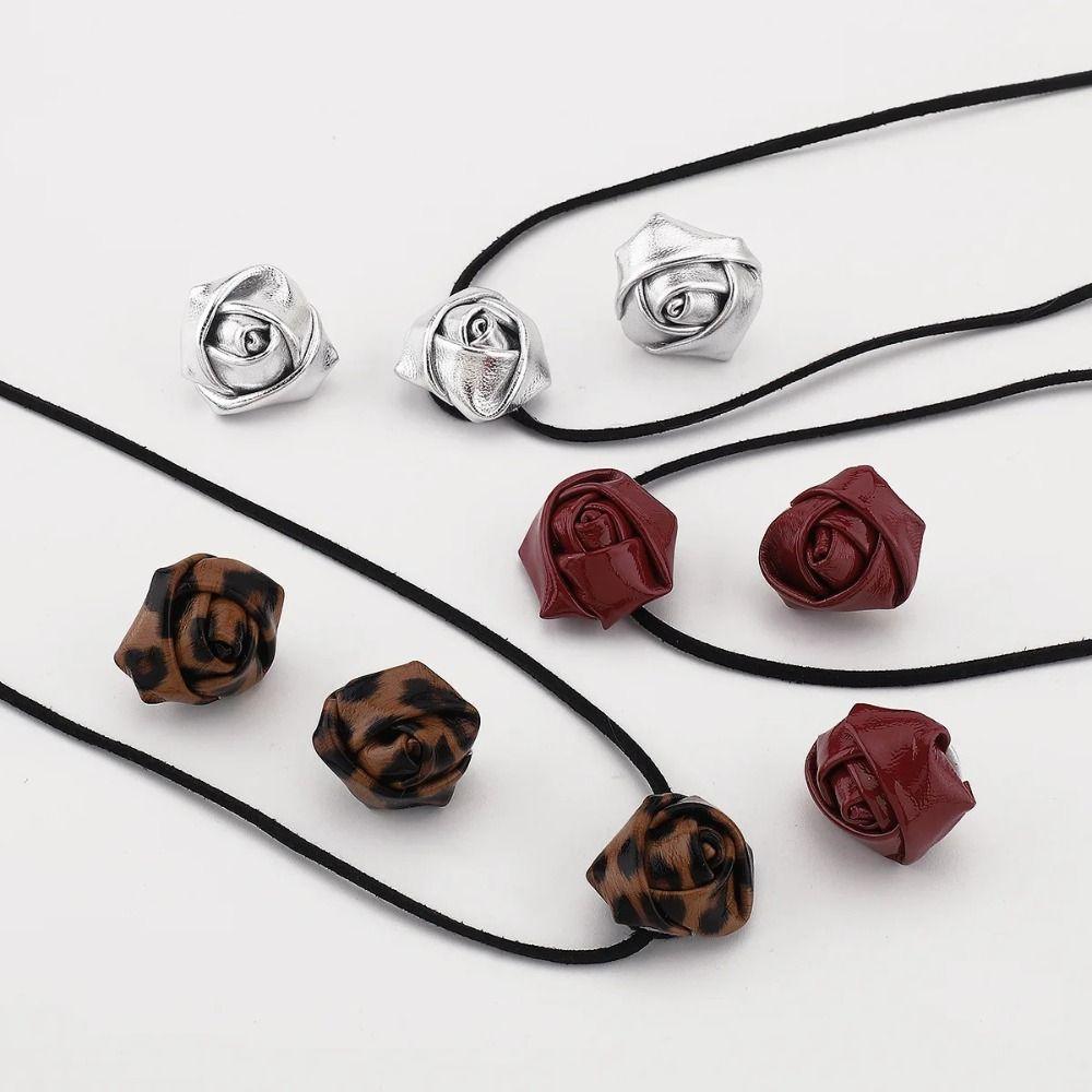 Retro Style Rose Flower Necklace PU Leather Flower Stud Earrings Adjustable Rope Choker  Women