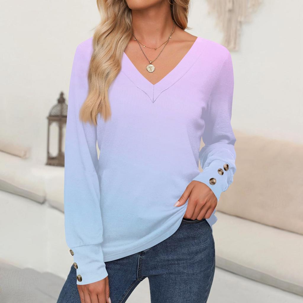 Women's Tops Floral Print Long Sleeve Shirt V Neck Casual Loose Tee Autumn Clothing