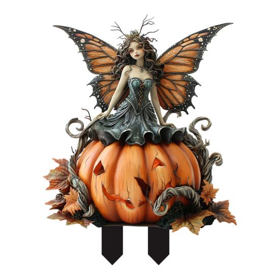 Pumpkin Fairy Garden Stake, 2D Acrylic Butterfly Wing Fairy Yard Art Stake, Waterproof Outdoor Halloween Decoration for Lawn Patio Planter A