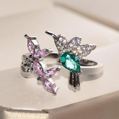 European Creative Bird Flower Opening Rings for Women Unique Chic Inlaid Pink Green Zircon Adjustable Rings Jewelry Gift