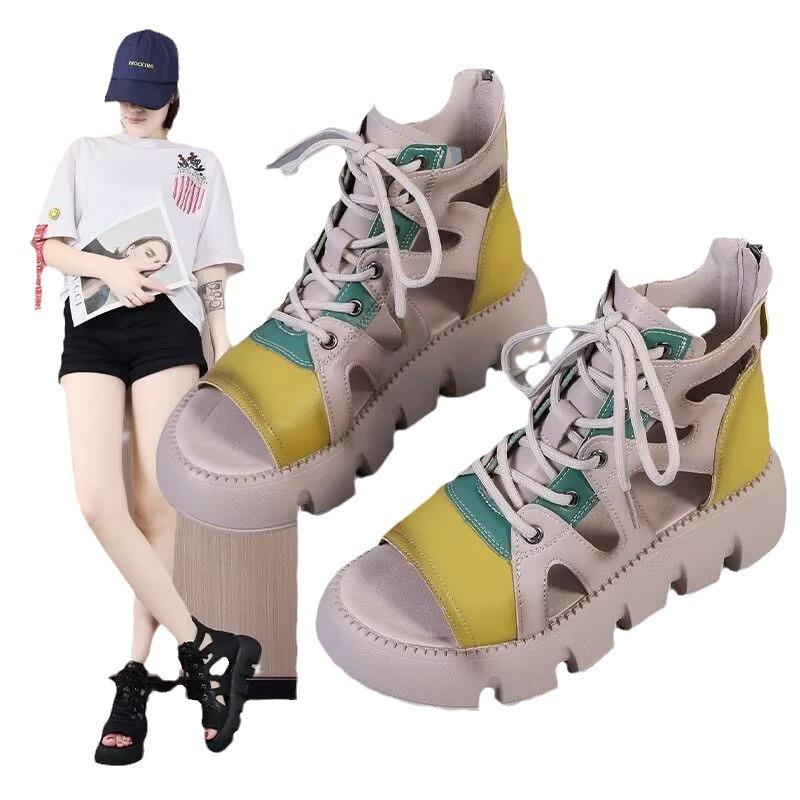 Mode Nouveau 2025 Nouveau Aide Cool Bottes Femme Respirant Été Semelle Épaisse Antidérapant Fond Muffin Sandales Plates Romaines Femme