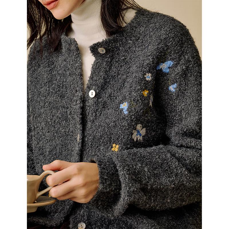 INMAN Women's Color-block Embroidered Wool Boucle Cardigan