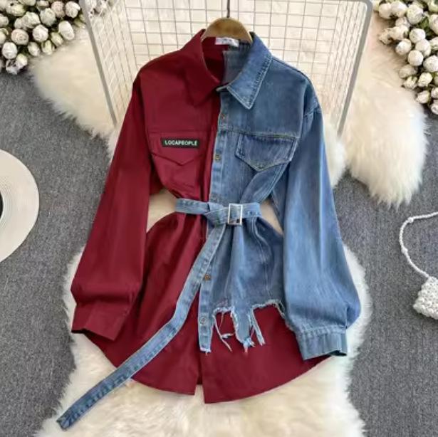 

Рубашка из денима с поясом в стиле ретро в Гонконге — повседневный топ средней длины с цветными блоками на осень/зиму 2024 г. One Size вино красного