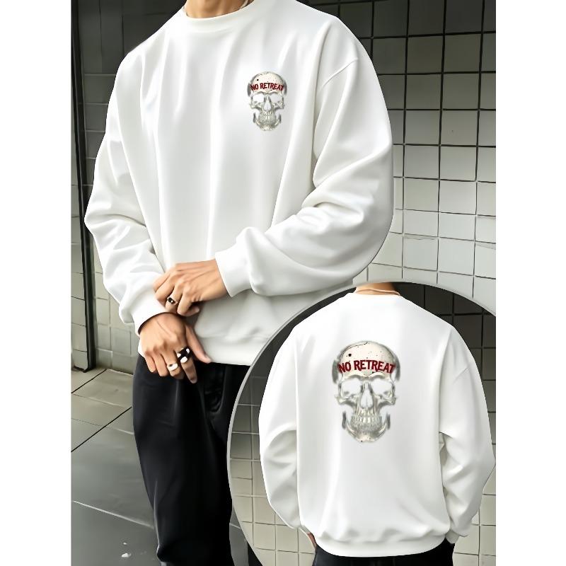 Front And Back NO RETREAT Skull Graphic Print Casual Gothic Streetwear Long Sleeve Pullover Unisex for Daily Wear