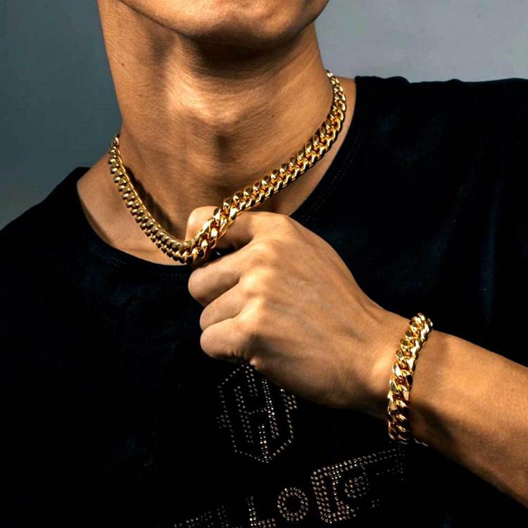 12MM 18k Gold Plated Lobster Buckle Stainless Steel Necklace Hip Hop Jewelry Men Miami Cuban Link Chain