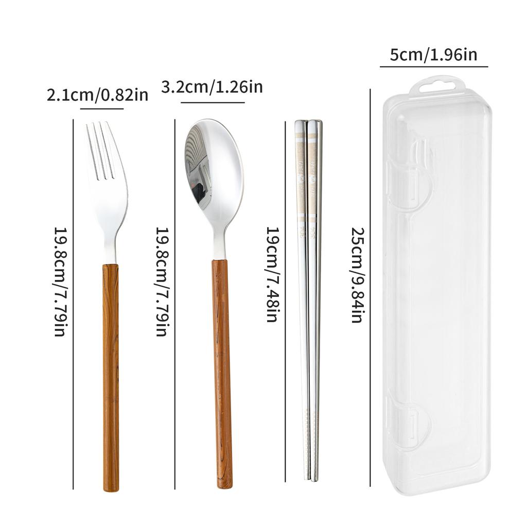 4Pcs/Set Picnic Cutlery Set Wood Grain Handle 304 Stainless Steel Fork Spoon Chopsticks With Case Outdoor Portable Dinnerware