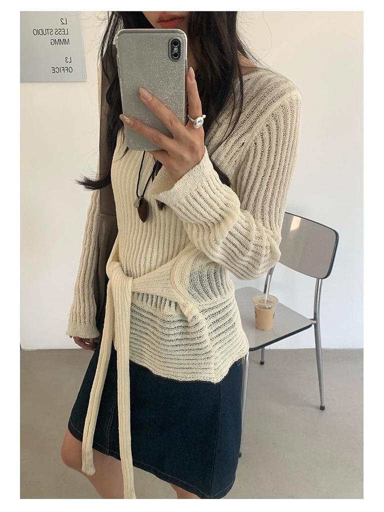 Huang Zheng Schnür-Ausschnitt Strickpullover, Damen Koreanischer Stil Frühling 2025 Freizeit-Top