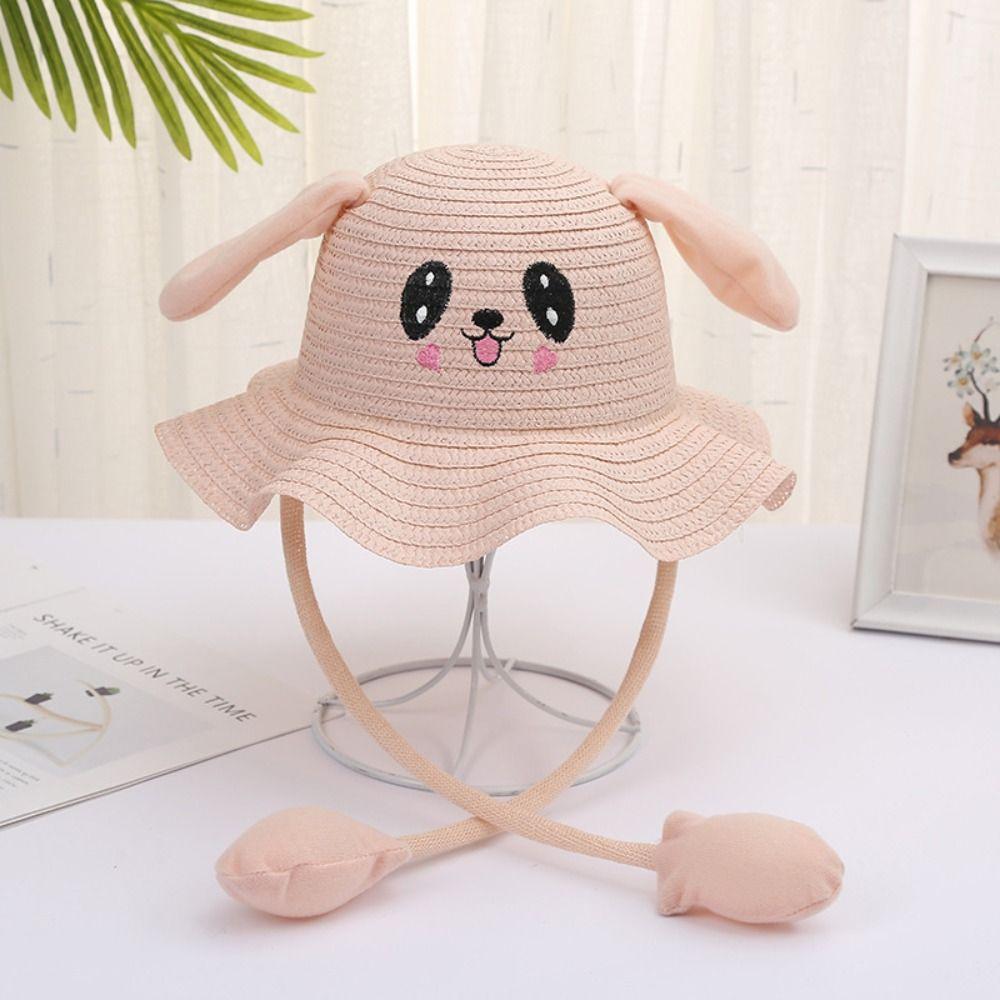Ear Moving Rabbit Ear Sunshade Straw Hat Sunscreen Children Straw Hat Bunny Sunshade Hat  Kids