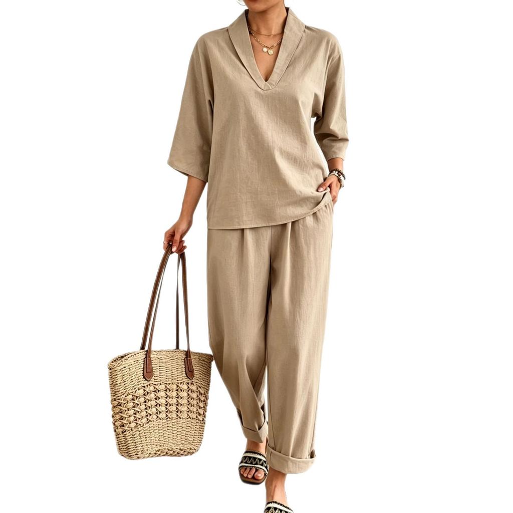 Spring and summer European and American style V-neck short-sleeved suit fashionable casual wide-leg pants suit