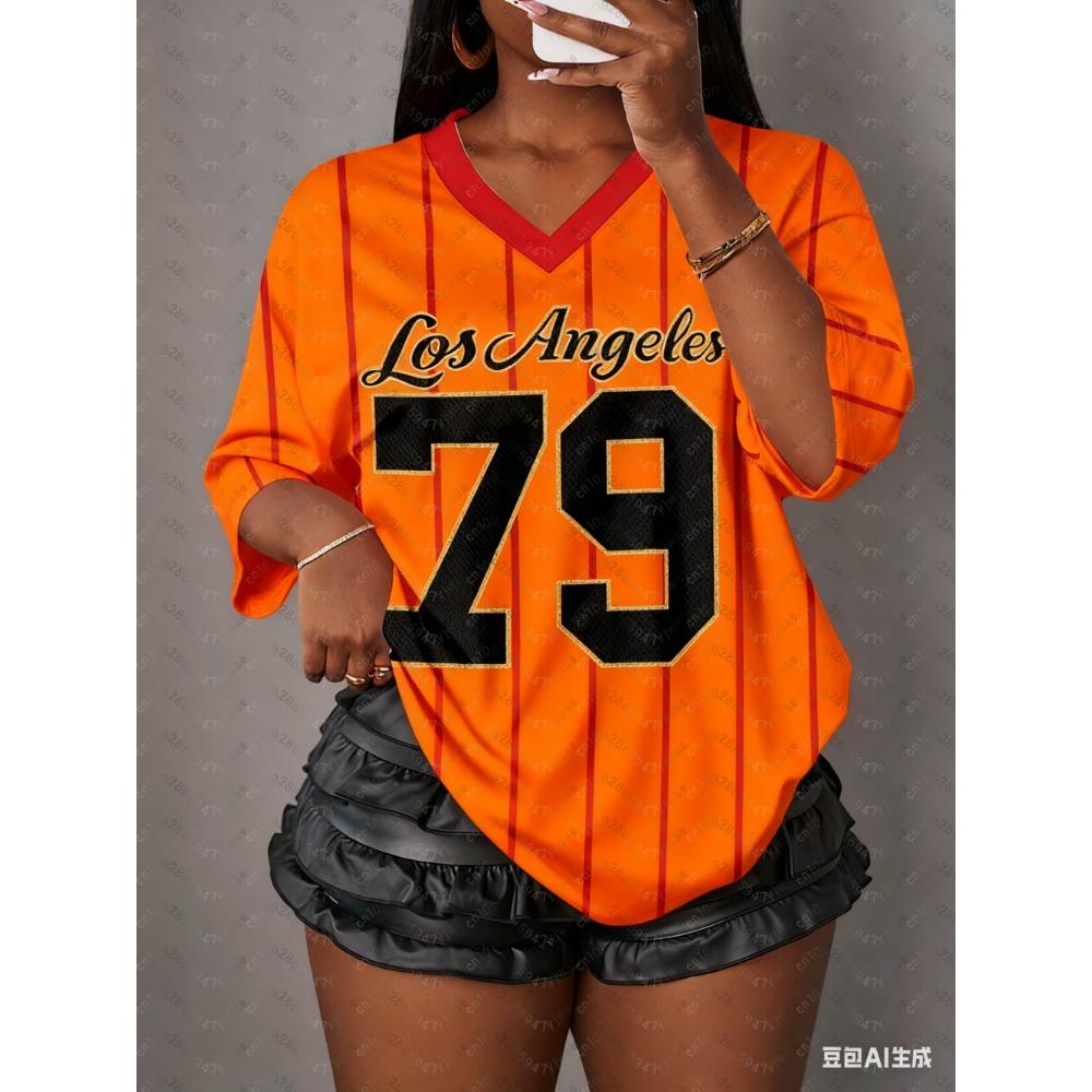 Women's Printed V-Neck Short-Sleeve T-Shirt, Summer Pattern T-Shirt, Baseball Shirt, Plus Size Sports T-Shirt