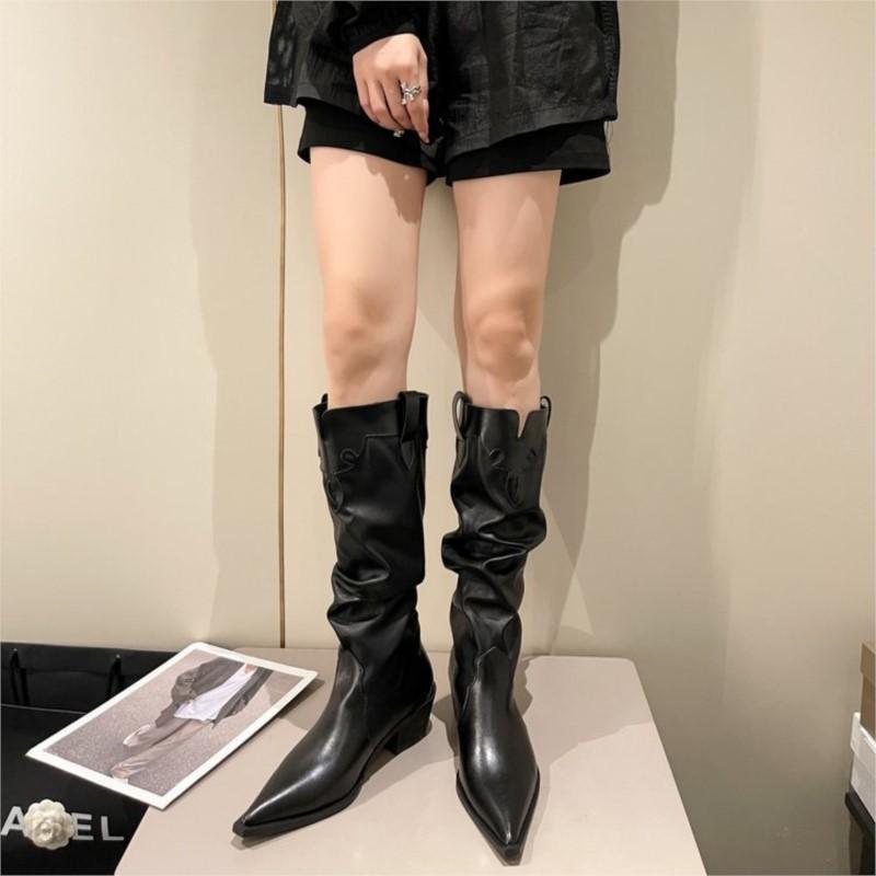Pointy Western Cowboy Boots Women'S New Autumn Pleated But Knee-High Boots Chunky Heel High Knight Boots C546
