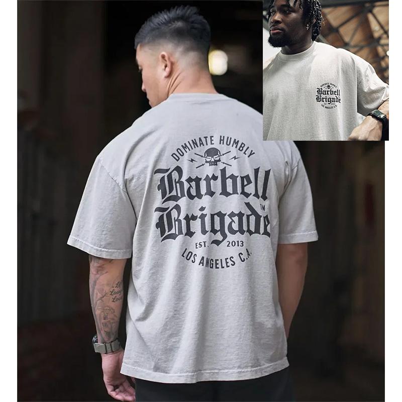 

Хлопковая футболка для зала Barbell Brigade Мужская Летняя Фитнес-одежда Круглый вырез Короткий рукав Свободная футболка Бодибилдинг Тренировочная футболка Топы 4XL