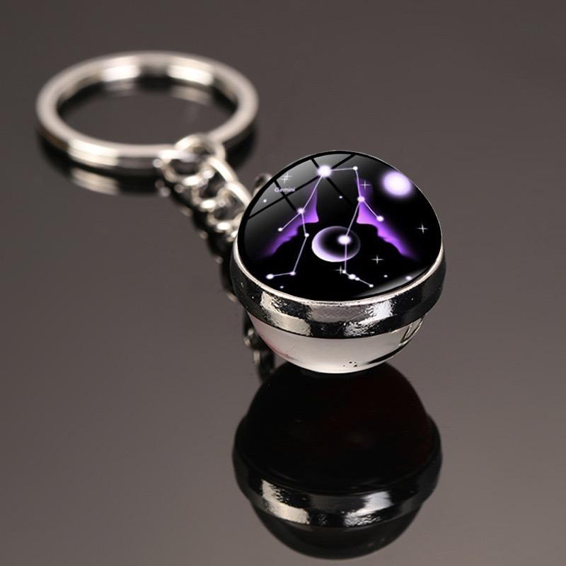 New Starry Sky Twelve Constellations Keychain Time Gemstone Double Sided Glass Ball Metal Keyring Bag Decoration Metal Keyholder