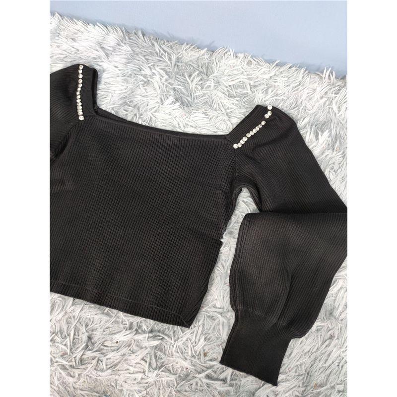 2025 Early Spring New Arrival Black Easiest for Match Square Collar Pearl Knitting Tops Female Lantern Long Sleeve Diamond Decorations Shiny Sweater