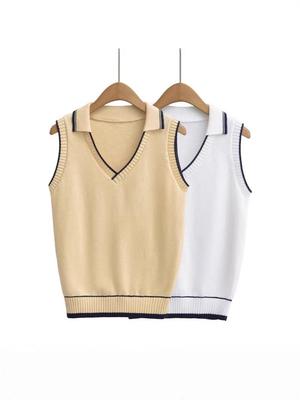 Women's Retro Color-Block Knit Vest: College Style, Polo Collar, Slim Fit, Elegant Camisole Layer