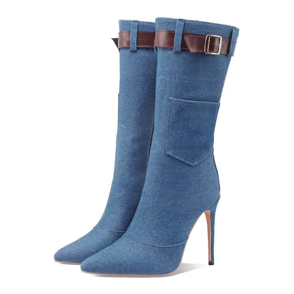 

Winter Women Mid-calf Boots Black Blue Denim High Thin Heels Punk Dress Office Ladies Pointed Toe Blucke Belt Zipper Half Boots 34