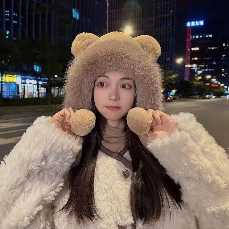 Cartoon Thickened Cute Bear Ear Protection Autumn and Winter Ears Plush Warm Children Integrated Thickened Bucket Hat