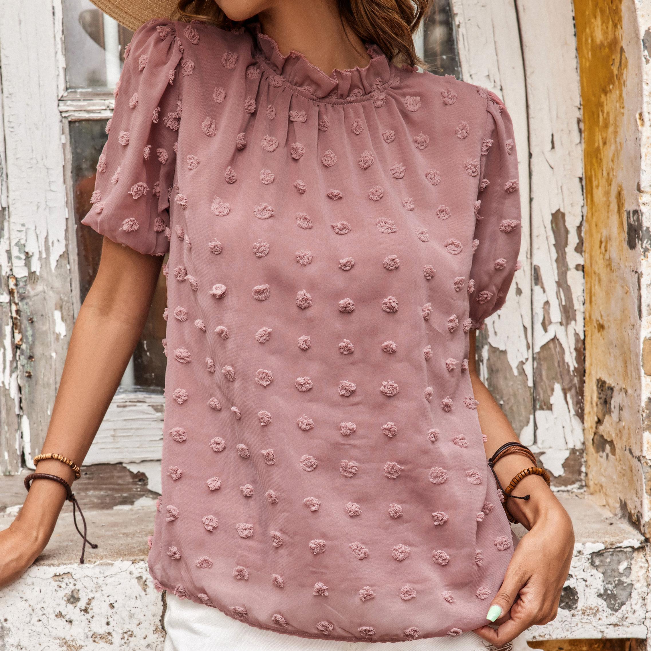 

YYFS женские модные повседневные розовые блузки и рубашки с коротким рукавом и круглым вырезом M розовый