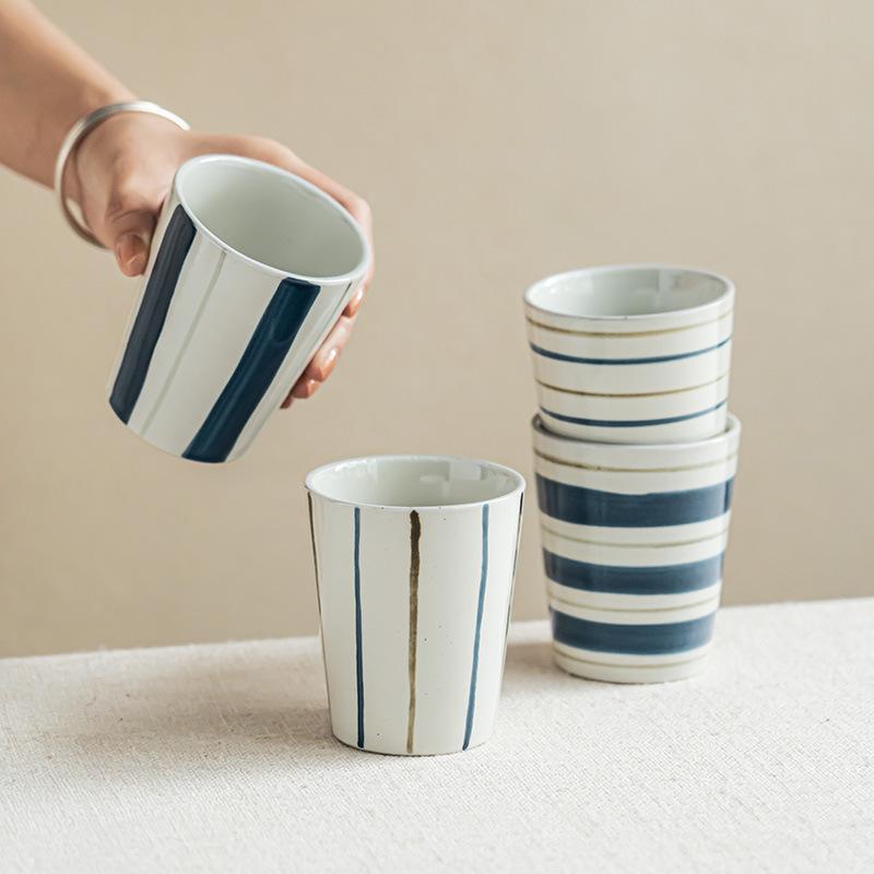 Japanese Retro Ceramic Cup Creative Striped Teacup Home Daily Drinking Cup High Value Breakfast Milk Oat Cup