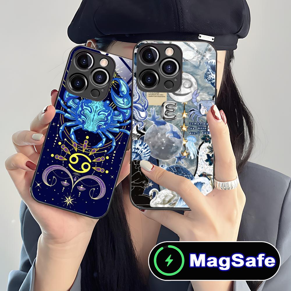 Zodiac Sign Cancer Mobile Phone Case for iPhone 17 16 15 14 13 12 11 Pro Max Plus Mini MagSafe Glass Colour Cover Pretty Luxury