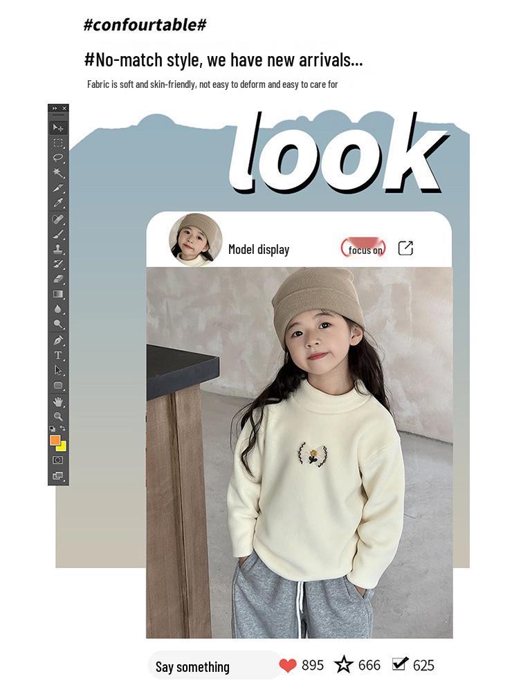 Kinder Hoodie mit halbem Stehkragen aus Korallenfleece - Herbst/Winter 2024 Mädchen Plus Samt Basis-Shirt