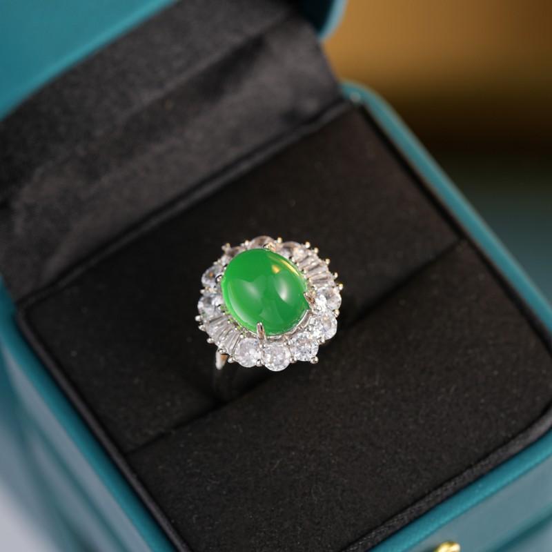 Adjustable Open Ring Women Men Geometric Green Chalcedony Stone Jewelry French Vintage Style