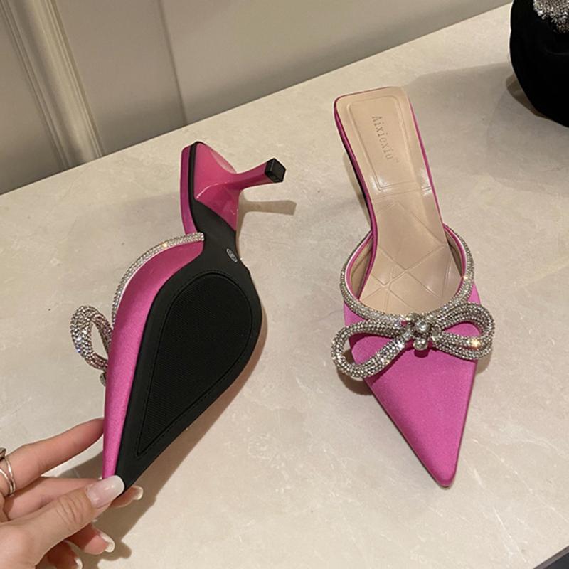 Fashion Women Crystal Bow -Knot Slippers Brand Pointed Toe Slip On Mules White Thin High Heels Outdoo Dress Wedding Shoes