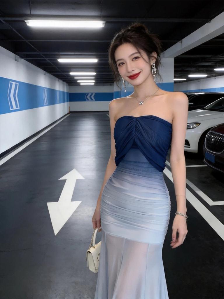Royal sister beautiful temperament shoulder blue evening dress skirt female feeling gradual change of color mesh yarn hip fishtail skirt