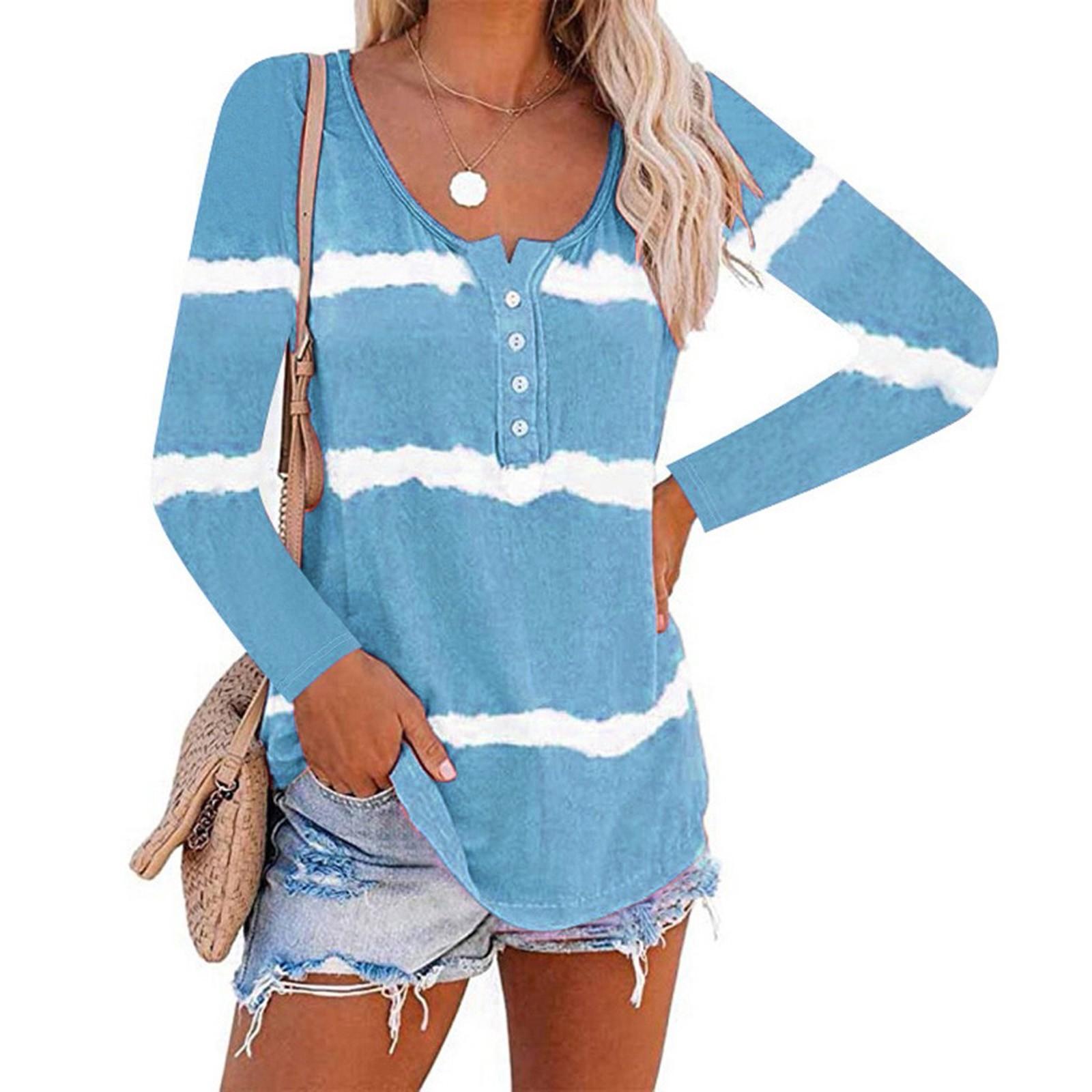 

Womens Tie-Dye Scoop Neck-Henley Shirts Summer Loose Casual Long Sleeve Tops XXL синій