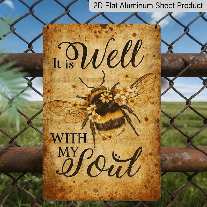 2D Flat, Vintage Bee and Flower Wall Plaque with "My Soul Is Good" Quote - Rustic Aluminium Farmhouse Decor Suitable for Home, Garden, Porch