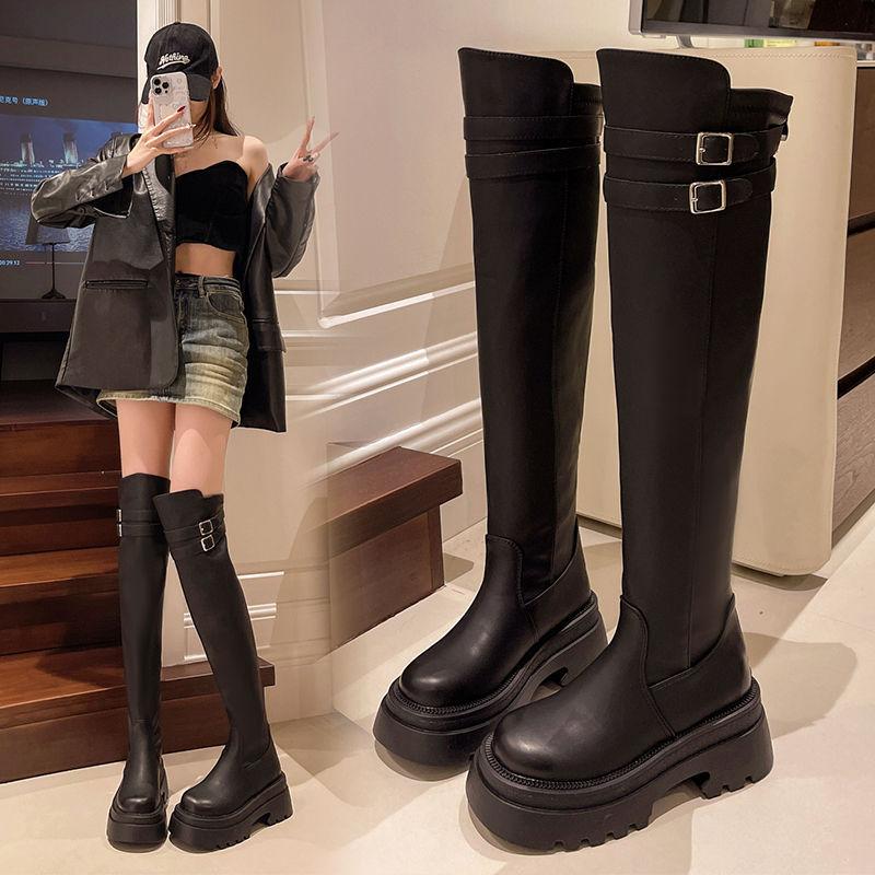 Black over-knee skinny boots women's autumn and winter new British thick heel platform boots belt buckle temperament women's boots