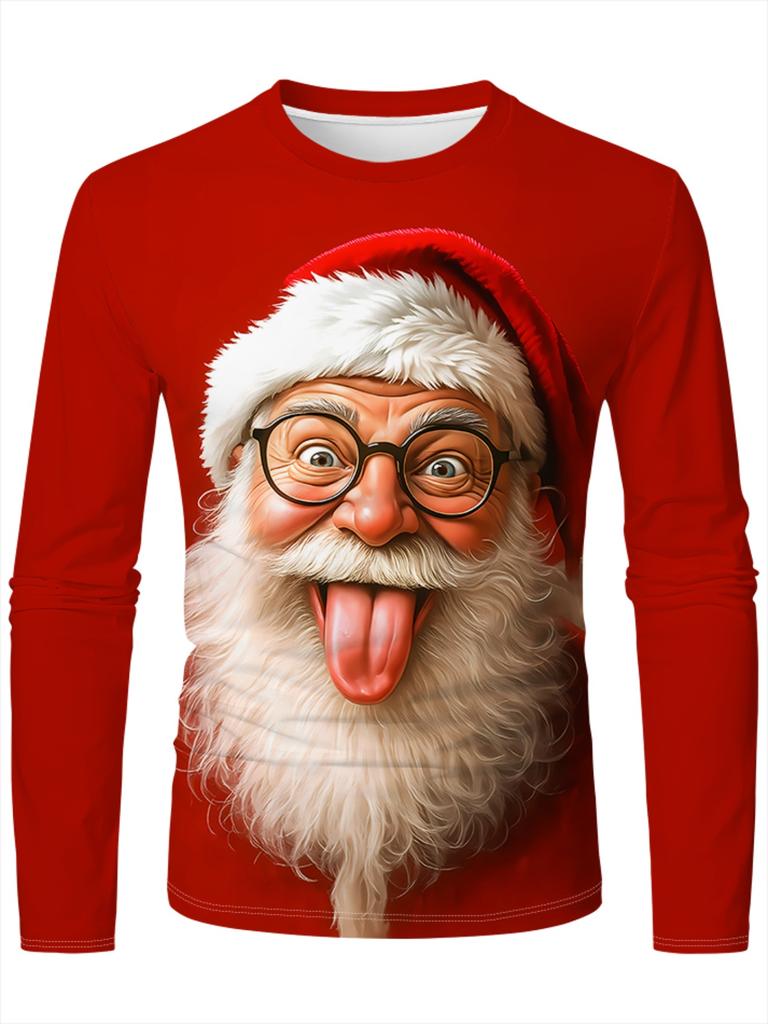 Men's 3D Santa Claus Printed Long-sleeved T-shirt Is Simple and Versatile, Suitable for Spring, Summer, Autumn and Winter