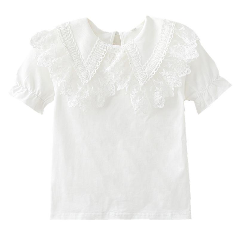 Girls' Fashionable Short-Sleeve Doll Collar Pure Cotton T-Shirt - Summer Trendy Tee for Ages 6+