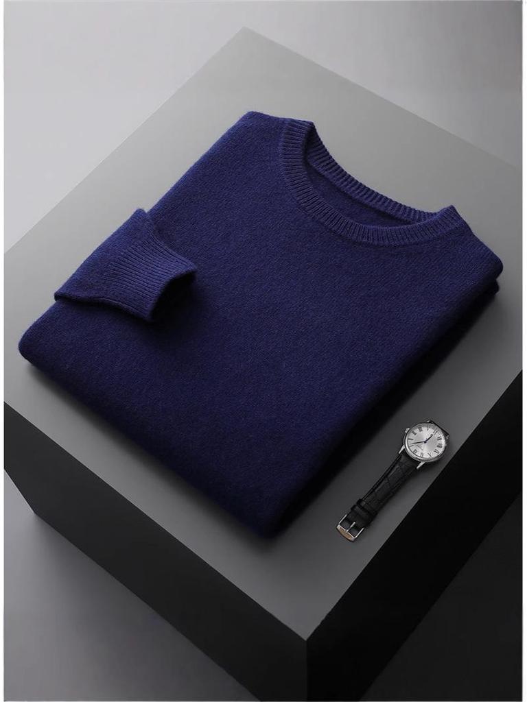 Men's 100% Wool Round Neck Long Sleeve Knit Pullover - Autumn/Winter Solid Color Base Layer