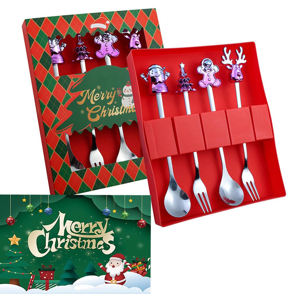 Set Regalo Cucchiaini da Caffè Forchette di Natale in Scatola con 1 Biglietto di Natale, Cucchiaino da Caffè Natalizio Forchette da Cena Cucchiaino da Dessert Stoviglie Regalo