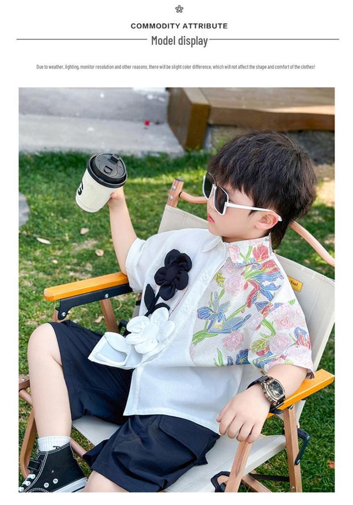 Boys' 2026 Summer Fashion: 3D Flower Print Short Sleeve Shirt & Shorts Set